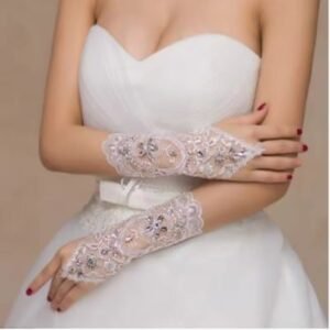 Wedding Bridal Lace Gloves Elegant Short Lace Rhinestone Women’s Fingerless Gloves Wedding Accessories 100% Polyester and Rhinestone - Bridal- White