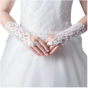 Wedding Bridal Lace Gloves Elegant Short Lace Rhinestone Women’s Fingerless Gloves Wedding Accessories 100% Polyester and Rhinestone
