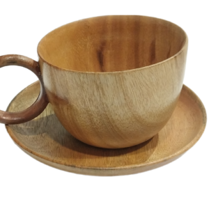 Eco Friendly Premium Quality Mahogany Wood Tea Cup With Handle And Saucer