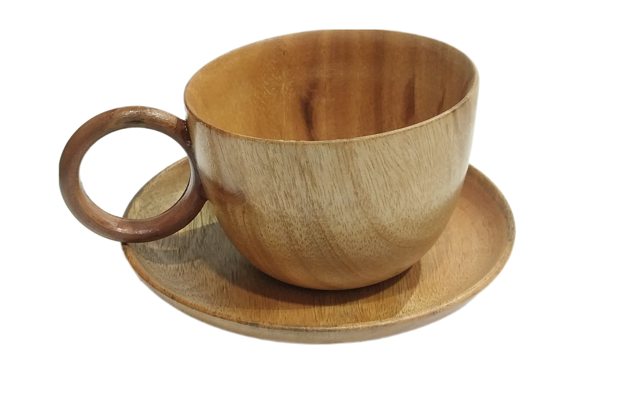 Eco Friendly Premium Quality Mahogany Wood Tea Cup With Handle And Saucer